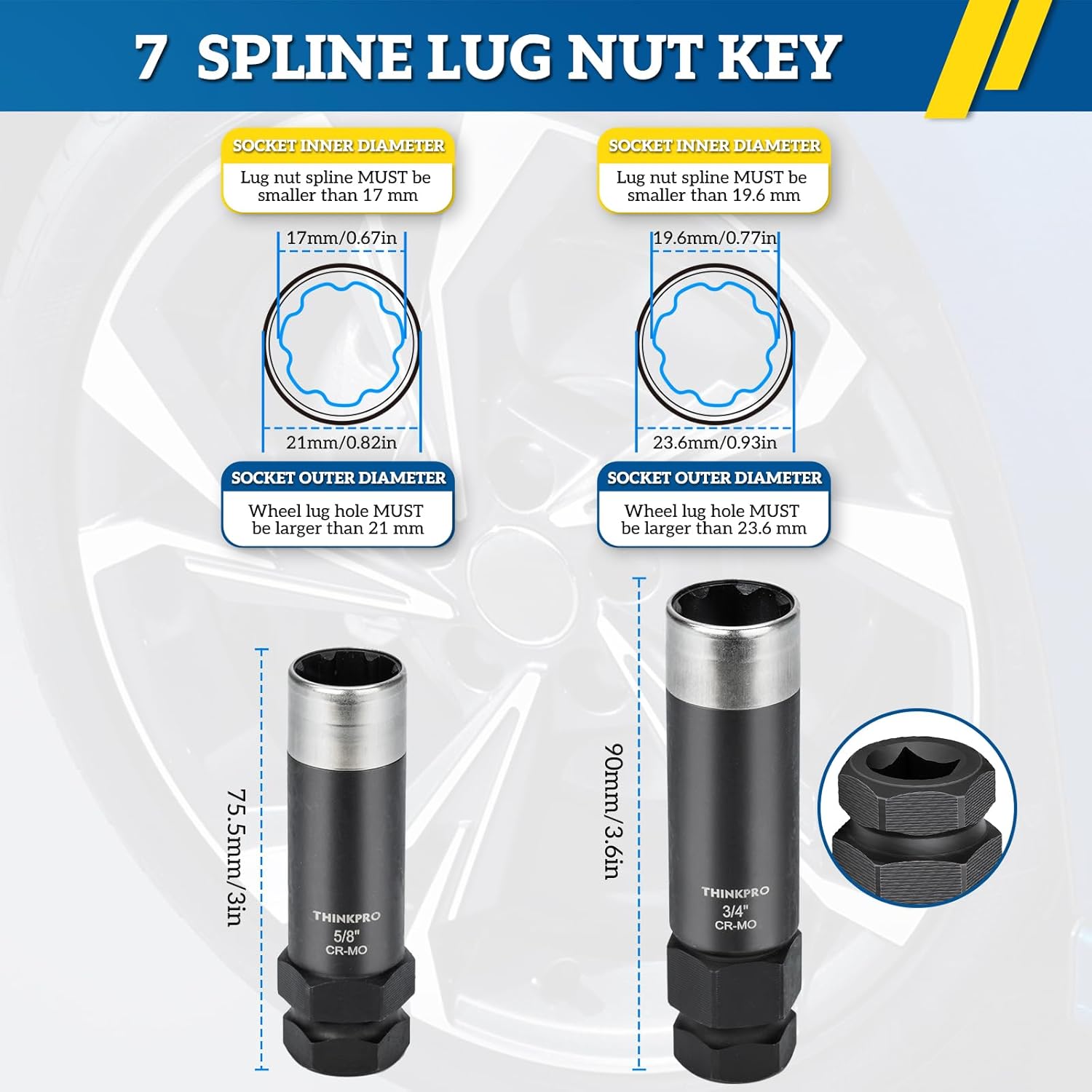 7 Spline Lug Nut Key Set - Thin Wall Spline Socket Removal Tool Kit for Aftermarket Wheels, Reinforced Cr-Mo Steel Dual Hex Drive (3/4" & 13/16") with 3/8" Drive and Storage Case,Black