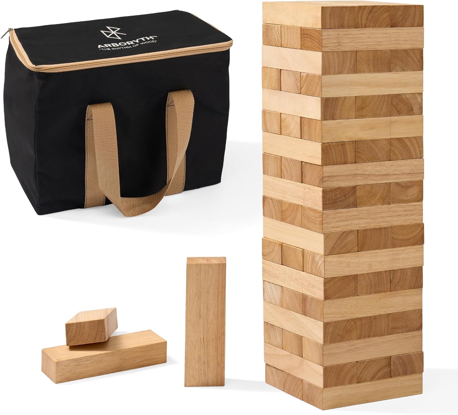 Giant Stacking Tower Game Over 5 FT - Premium Wooden Blocks Stacking Tower Game for Family Party, BBQ & Lawn Games - Natural