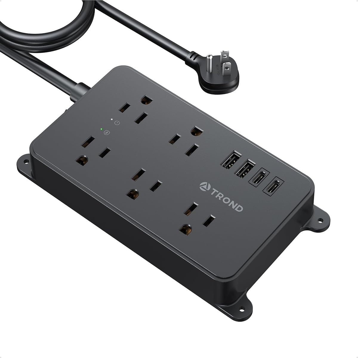 TROND Surge Protector Power Strip with USB, 10ft Extension Cord, ETL Listed, 5 Widely-Spaced Outlets with 4 USB Ports, 1300J, Low-Profile Flat Plug, Wall Mountable, 14AWG Heavy Duty, Black