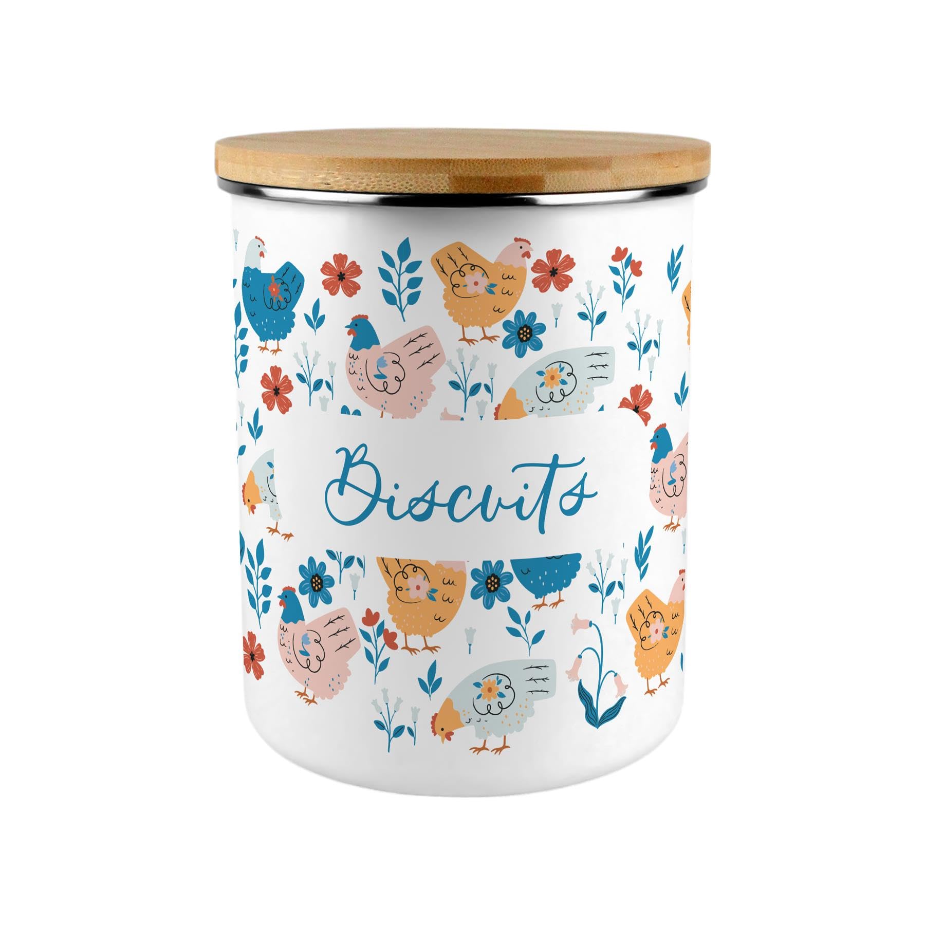 Botanical Chickens Biscuit Storage Canister - Floral 2.7L Extra-Large Enamel Home & Kitchen Organisation Container
