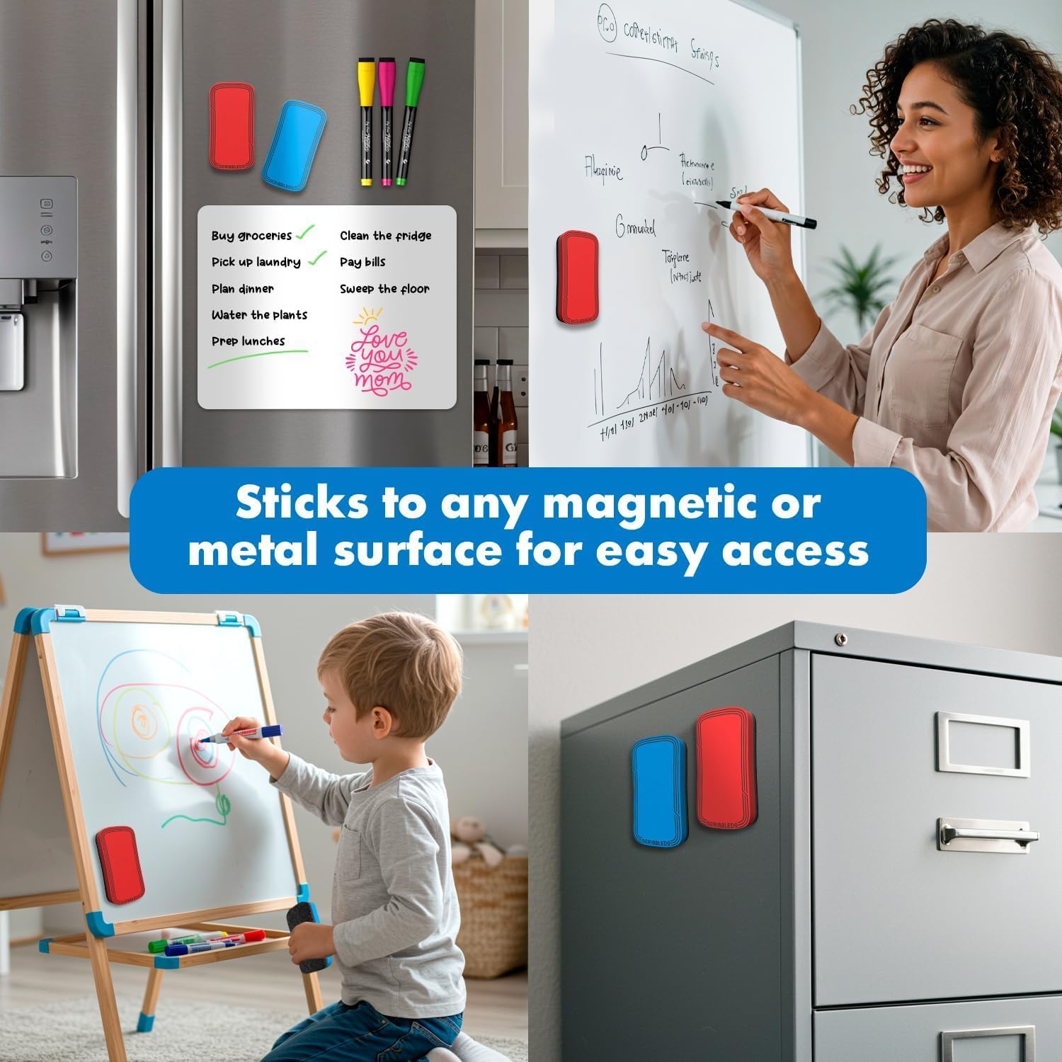 SCRIBBLEDO Magnetic Dry Erase Erasers 2 Pack, Red and Blue, 2x4 Inch Whiteboard Eraser Set with Washable Soft Felt Pads, Comfortable Foam Grip Tops and Strong Dual Magnets for Office and Classroom