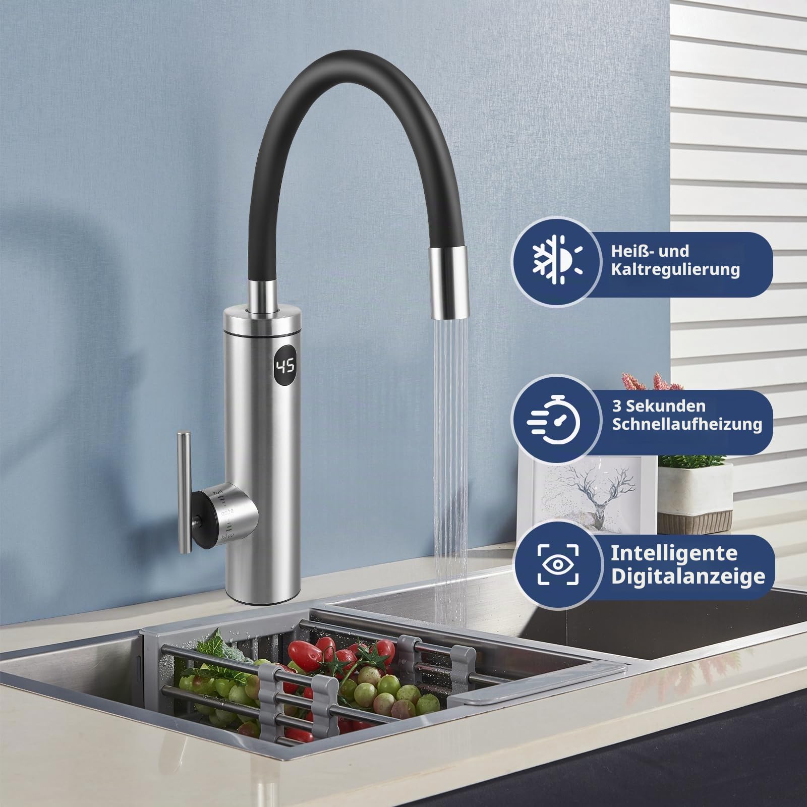 3300W Elektrischer Küchenwasserhahn mit Durchlauferhitzer – Sofort Warmwasser in 6s, 360° Drehbarer Edelstahl-Auslauf (304), LCD-Temperaturanzeige, Sicherheitsschutz, Einfache DIY-Installation