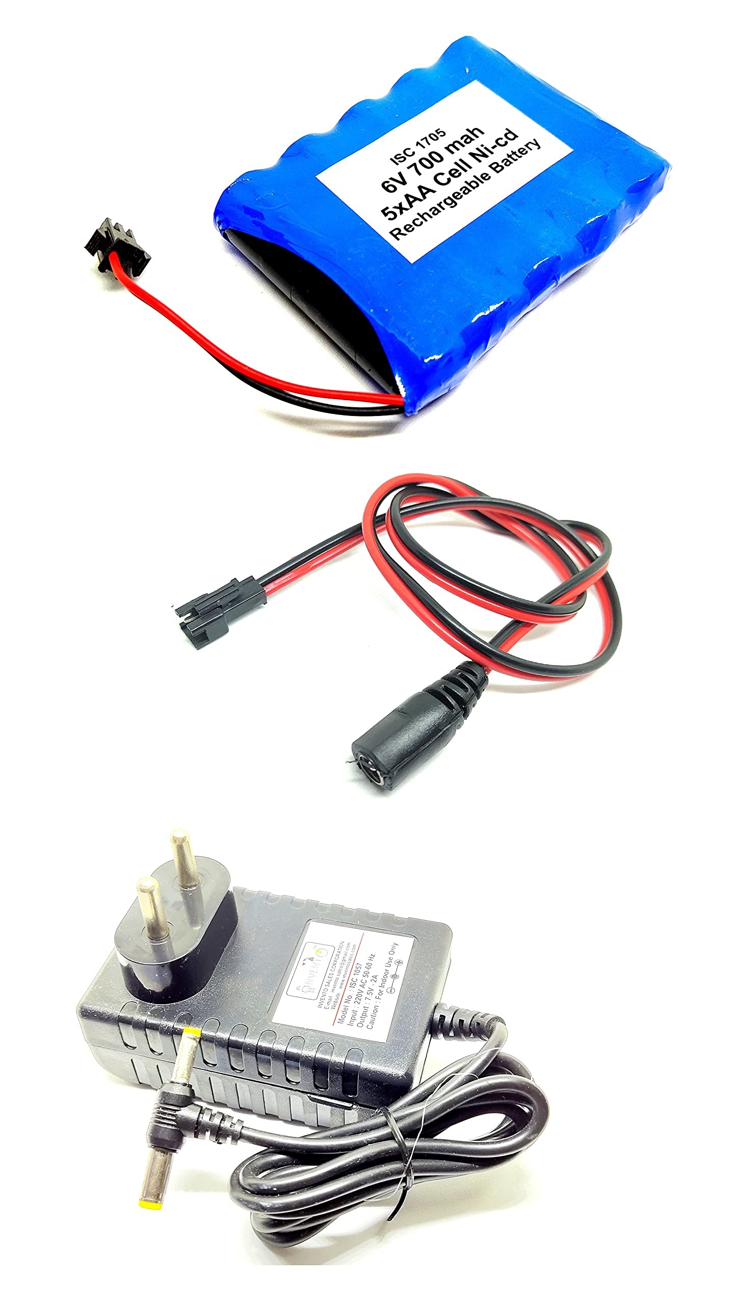 INVENTO 1Pcs 6V 700 mAh Ni-cd Rechargeable 5 AA Cell Battery + 7.5V 2A DC Adaptor Charger + Charger Cable-image-48
