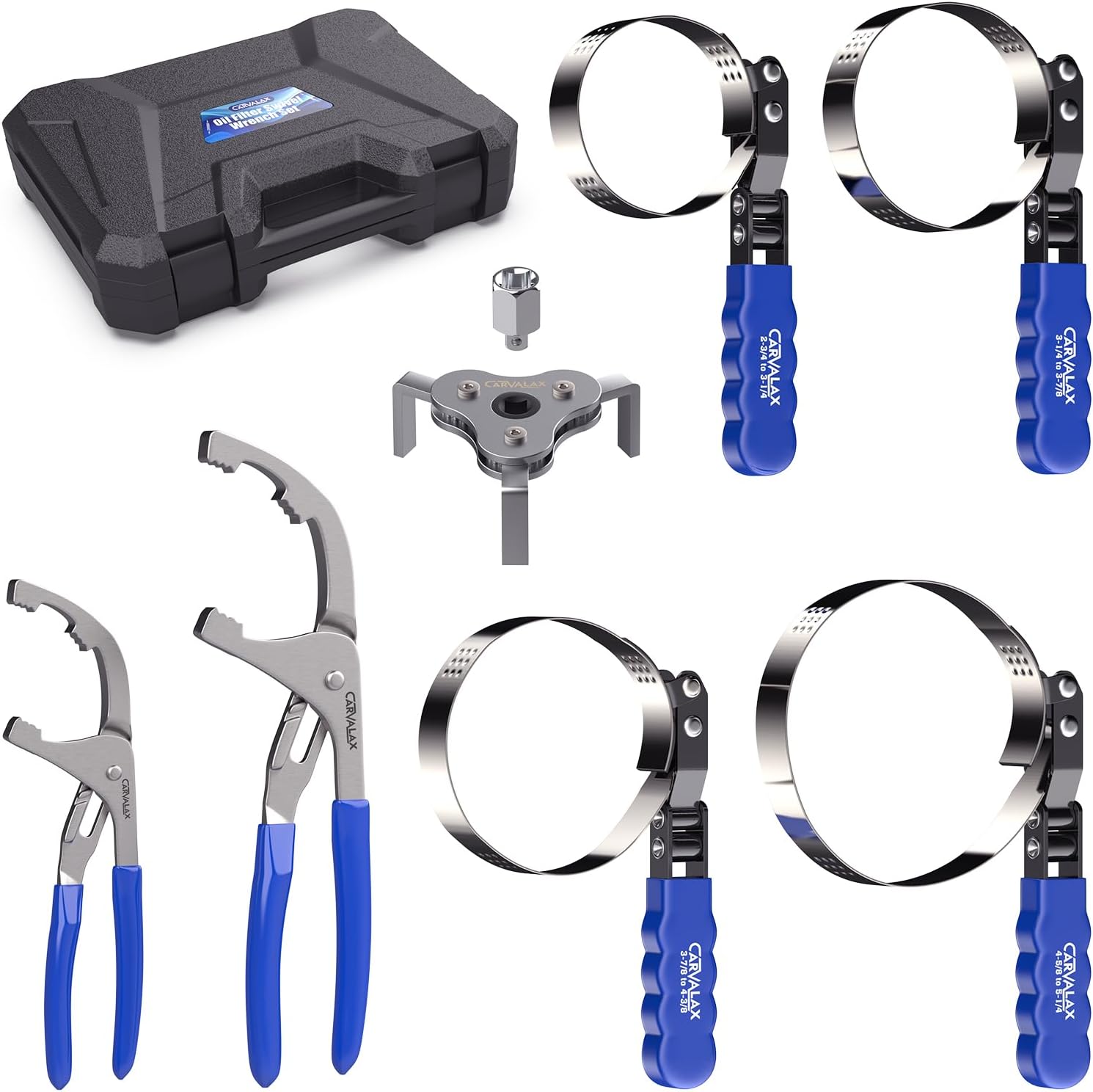 8PCS Oil Filter Wrench Set – Stainless Steel Swivel Wrenches (1-3/4”to 5-1/4”), 9” & 12” Adjustable Pliers, Universal 3-Jaw Remover with Adapter, Organized in Storage Case for Auto Repair