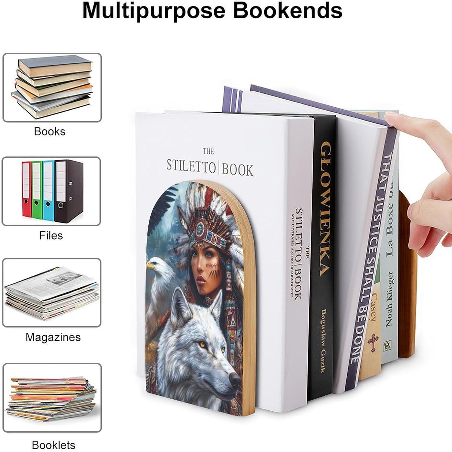 Native U.S. Woman and Wolf Cute Wood Book Ends Decorative Bookends 1 Pair Non-Skid for Shelves Home Office 7 X 5 Inch