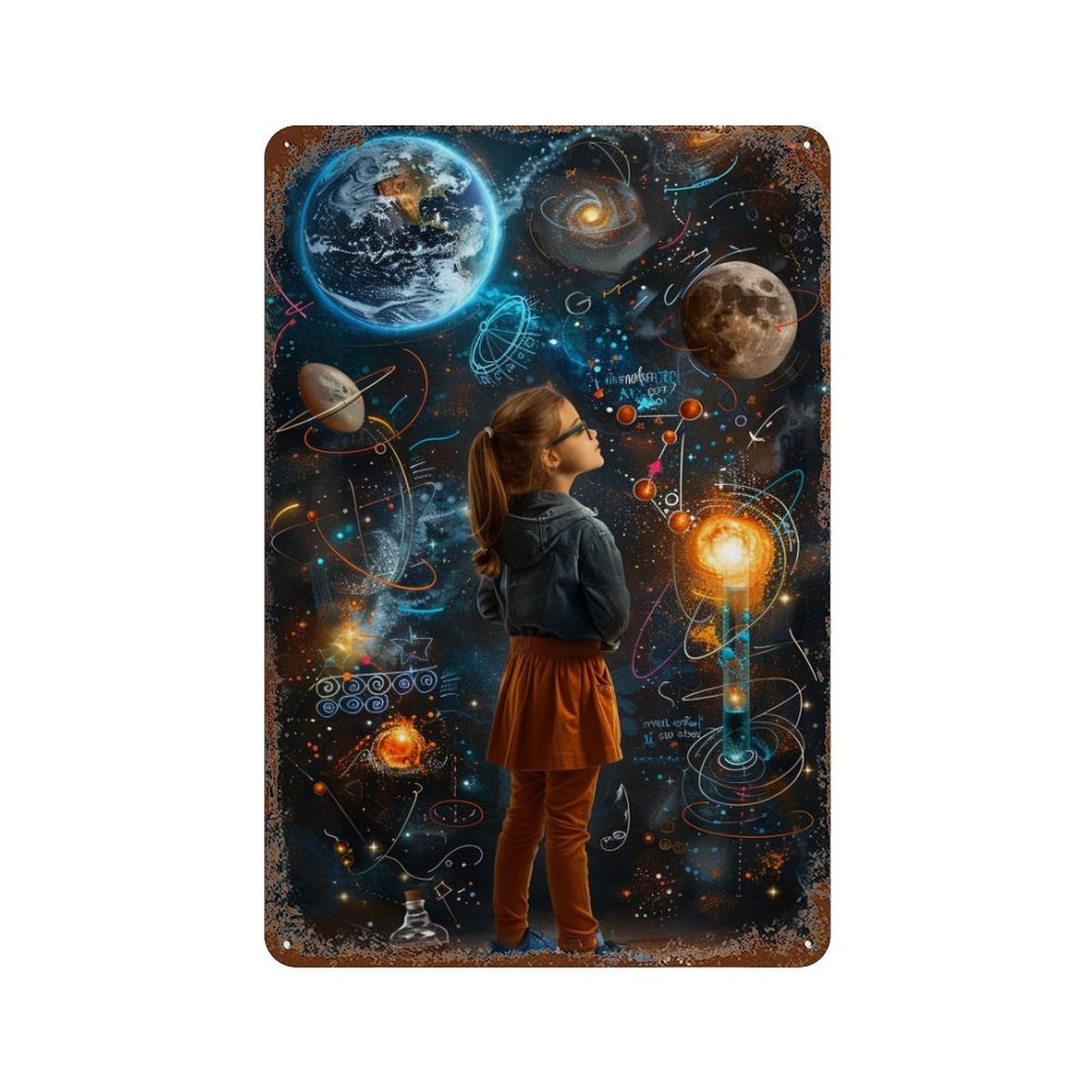 Vintage Metal Tin Sign Child Exploring Space 11.8"x7.9", Classic Wall Plaque for Farmhouse, Kitchen And Entryway Decor