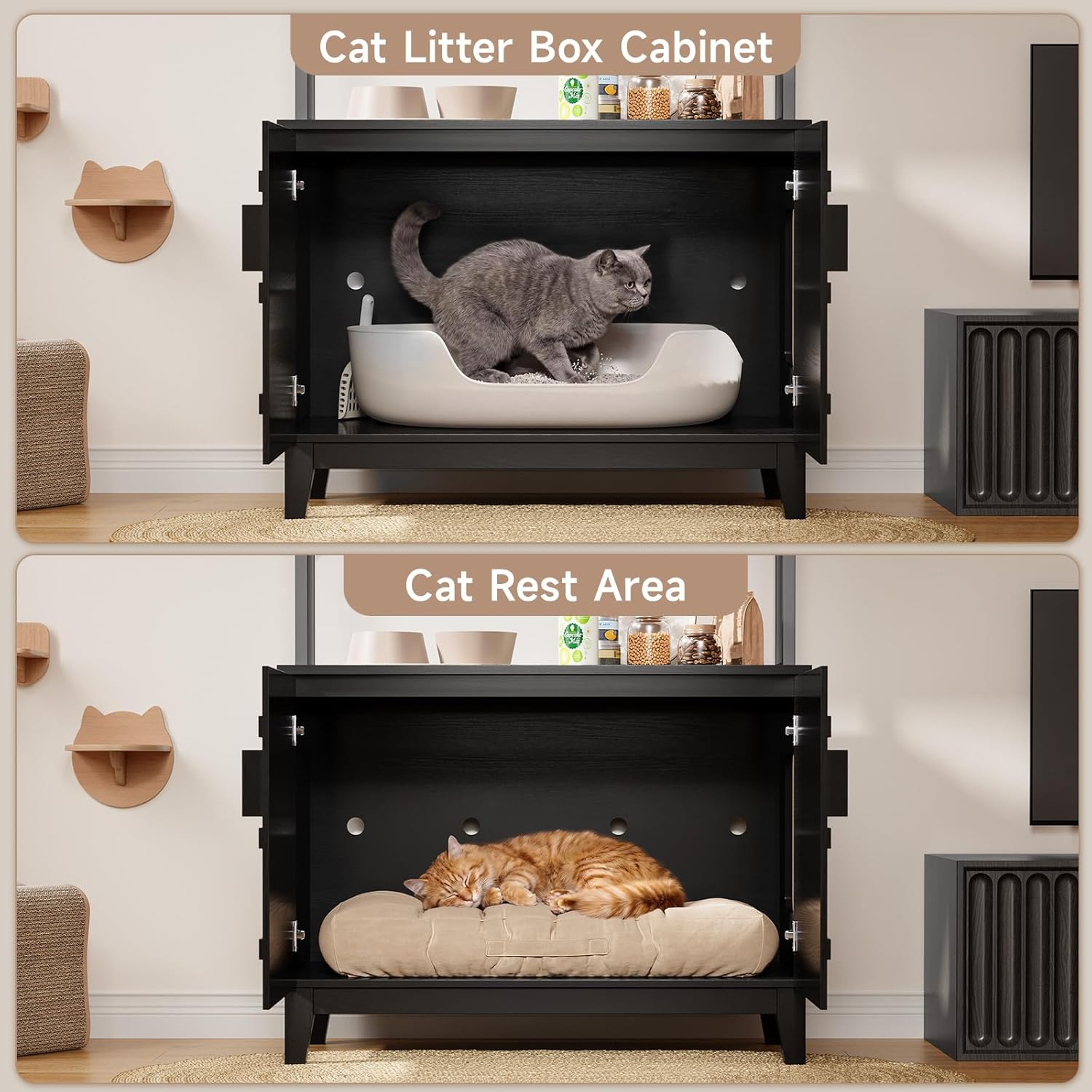 ONBRILL 68" Cat Litter Box Enclosure Furniture, Hidden Litter Box Cabinet with 4-Tier Storage Shelves and Outlet, Kitty Washroom Cabinet and Pet House, Fit Most of Litter Boxes for Living Room, Black