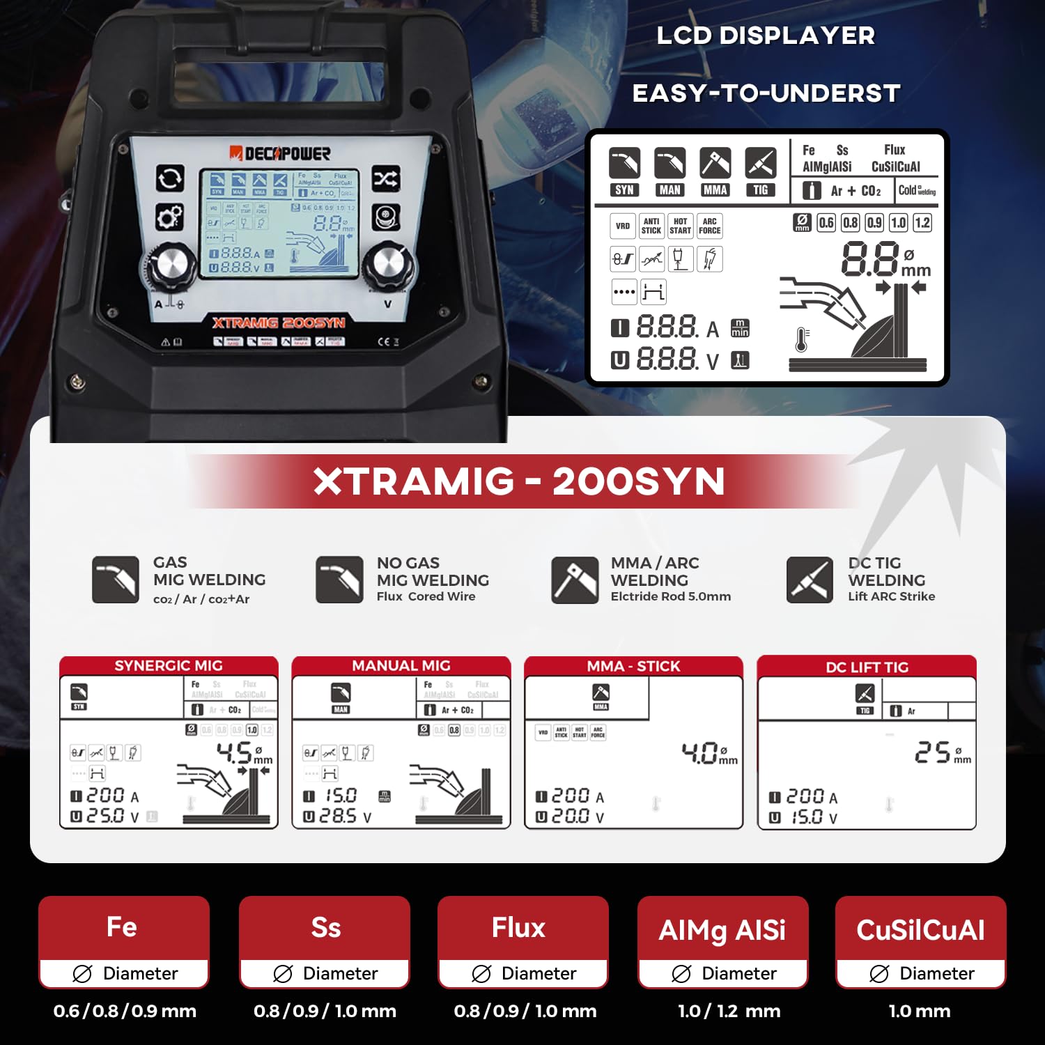 Decapower equipo para soldadura estación de soldadura 200A MIG con gas y sin gas MAG MMA TIG alambre relleno 4 en 1 mig con accesorios (XTRAMIG ARES)