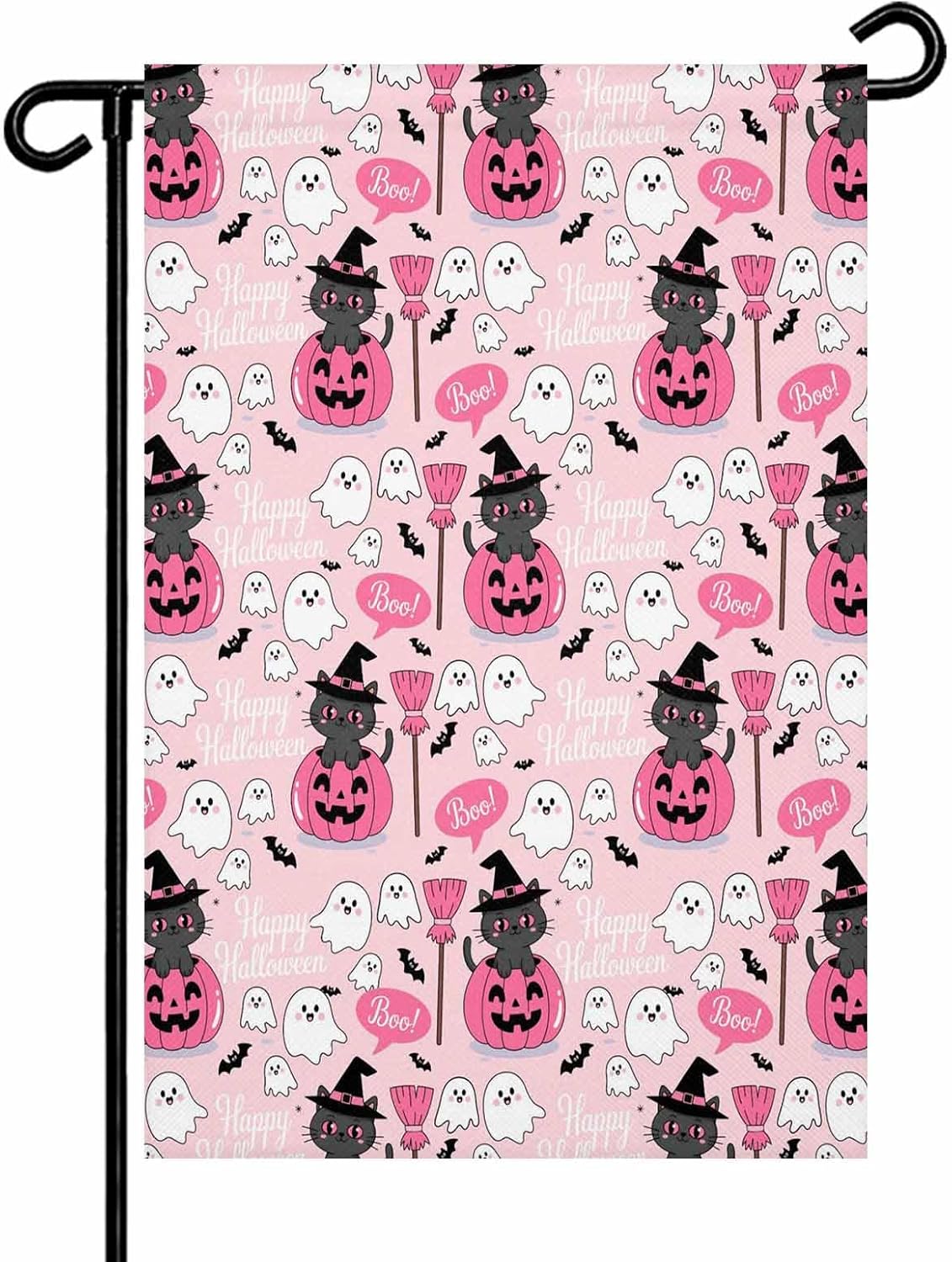 Halloween Garden Flag Pink Pumpkin Ghost Black Cat Garden Flags for Outside 28x40 Double Sided for Outside Yard Lawn Holiday House Decorations