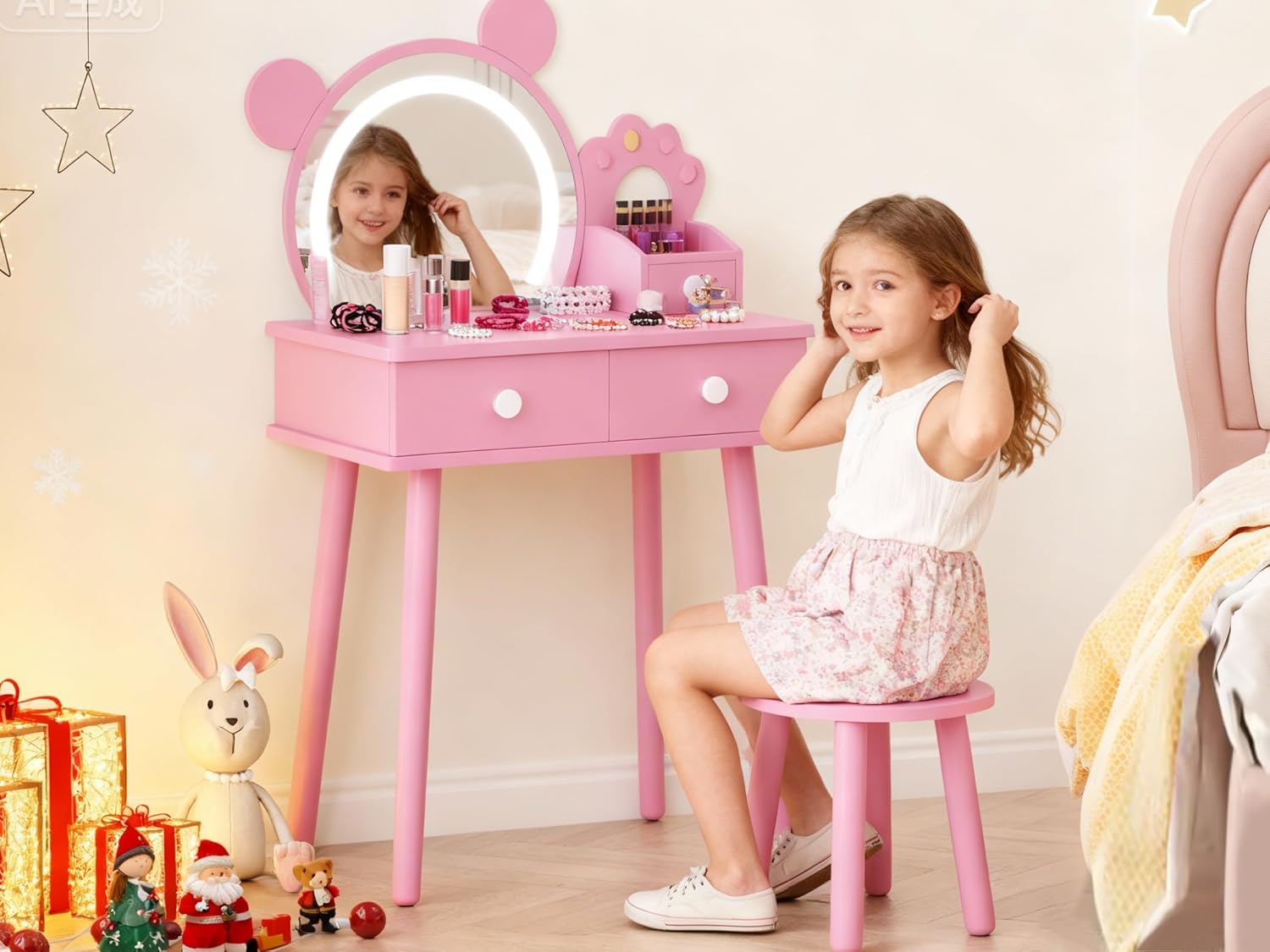 GarveeHome Kids Vanity Table with Lights,Cute Bear-Shaped Dressing Tables with Mirror&Storage Drawers,Wooden Princess Toddler Make Up Table Set,Pretend Play Vanity Sets for Little Girls(Pink