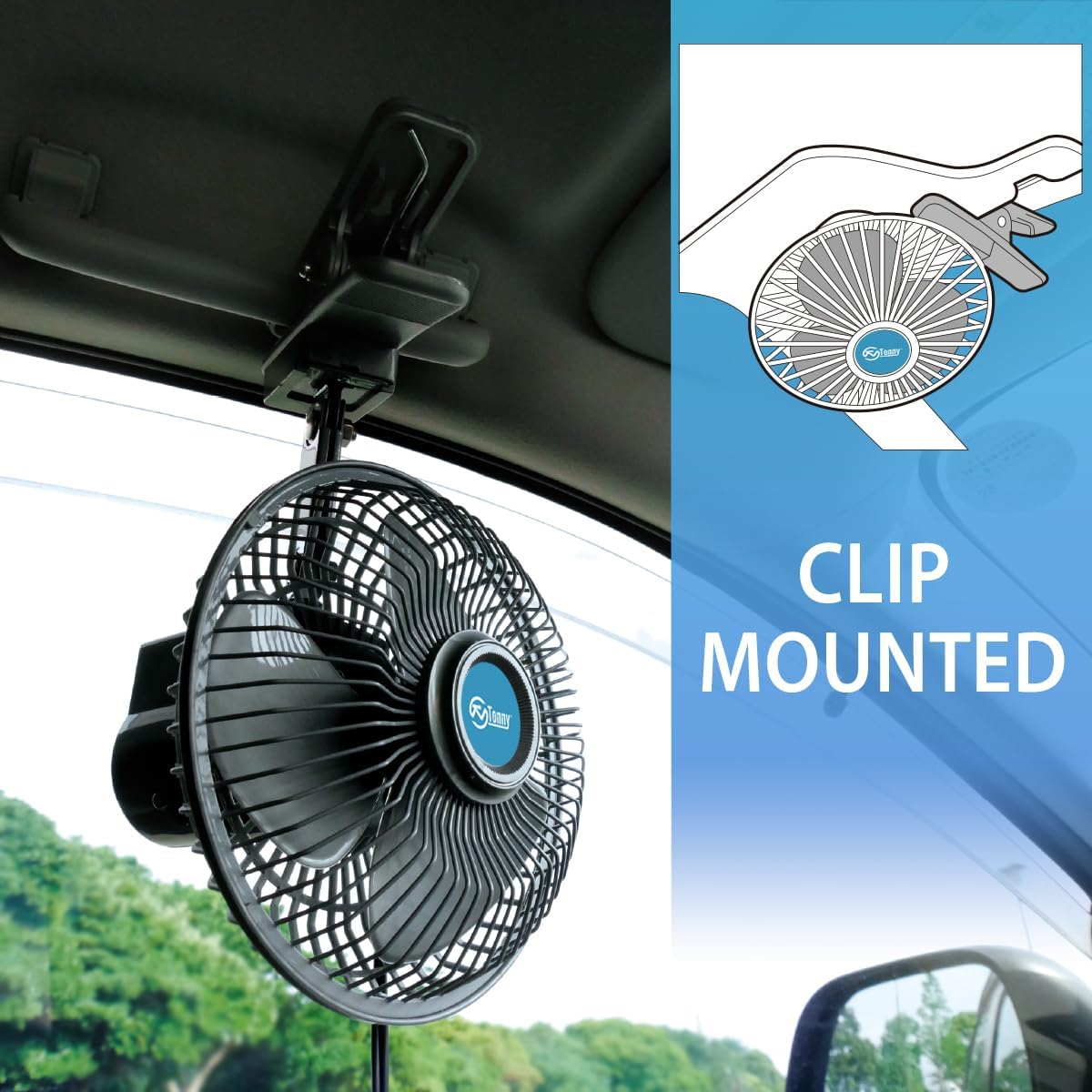 TN TONNY Classic 6 Inch Oscillating Car Clip on Fan, Stepless Speed Control 12 Volt Car Fan and Truck Fan