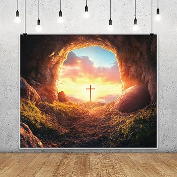 Leowefowa 5x3ft Easter Backdrop Resurrection of Jesus Empty Tomb Holy Ligh Background Jesus Christ Three Crosses Sunset Stone Door Crucifix Christianity Church Events Party Photo Decor Studio Props
