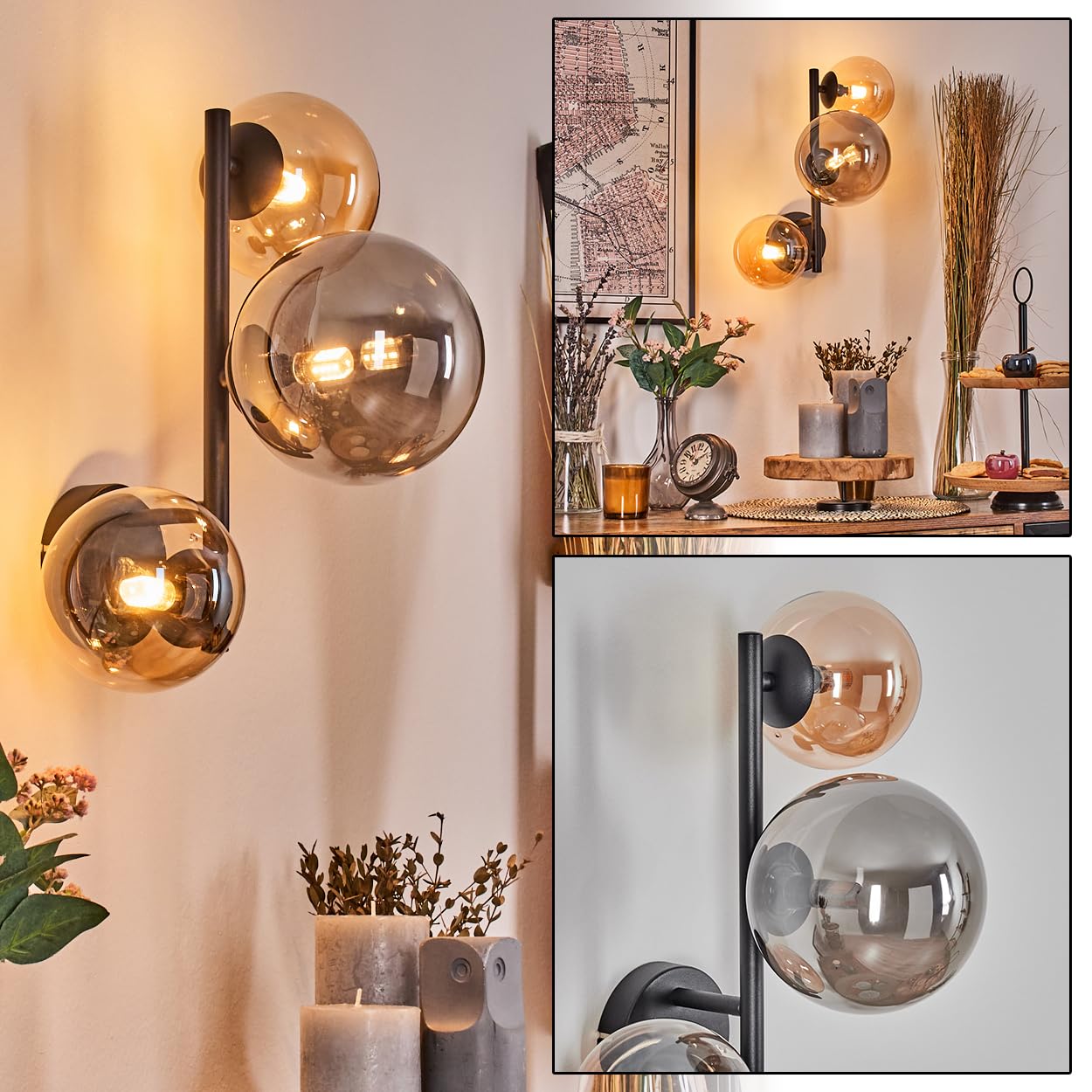 HOFSTEIN Wandleuchte Chehalis, Wandlampe aus Metall/Glas in Schwarz/Rauch/Bernstein, Leuchte im Retro/Vintage-Design (Ø Schirme 12; 15 cm), G9, Wohnzimmer, Schlafzimmer, Küche, Flur, Treppenhaus