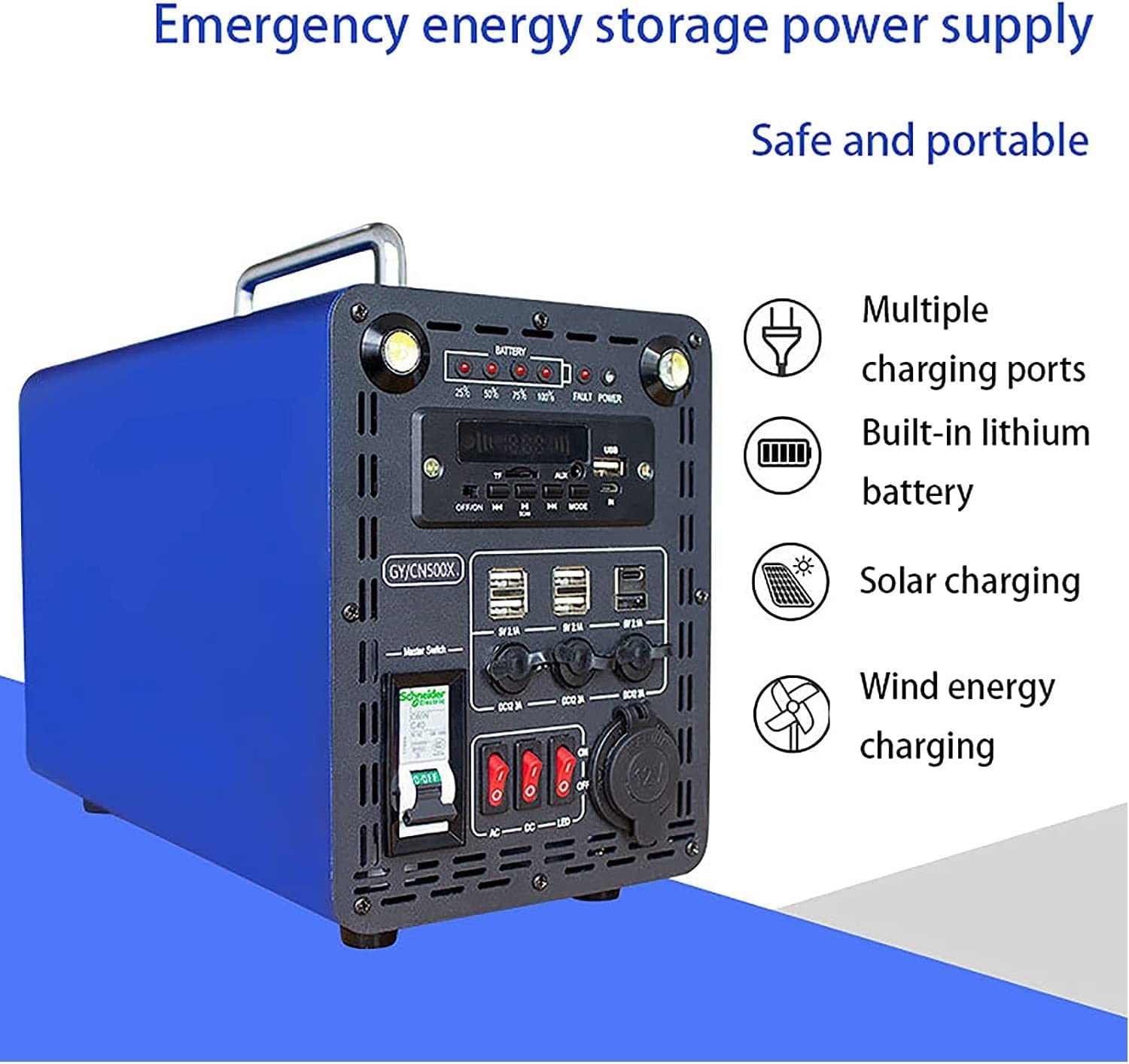 Centrale électrique portable 500 W 42 Ah Générateurs d'extérieur Batterie au lithium ternaire intégrée Alimentation mobile portable AC 220 V 230 V DC Sortie 12 V Chargeur solaire avec radio 2 haut-p