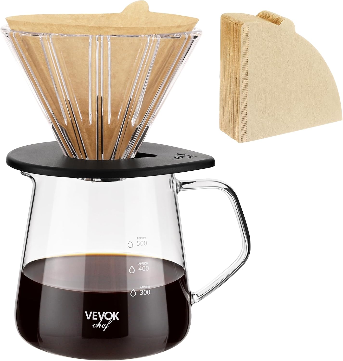 VEVOK CHEF Pour Over Coffee Maker Set, 600ml Borosilicate Glass Server Carafe and Glass Coffee Dripper with 100pcs Cone Paper Filter, Hand Coffee Brewer 20 Oz for Home, Camping, Outdoor