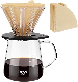 VEVOK CHEF Pour Over Coffee Maker Set, 20 Oz Borosilicate Glass Server Carafe and Glass Coffee Dripper with 100pcs Cone Paper Filter, Hand Coffee Brewer for Home, Camping, Outdoor