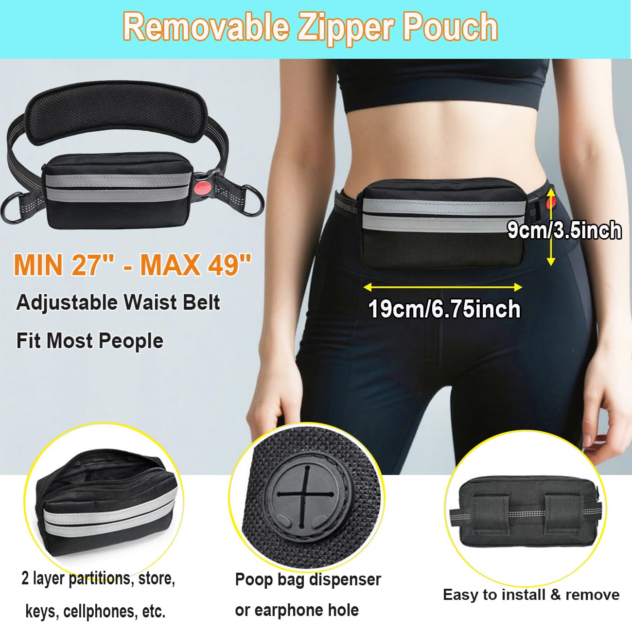 Laisse Pour Chien Mains Libres, Ceinture De Taille Réglable, Sac Banane Avec Fermeture éclair, Laisse Pour Course à Pied, Entraînement à La Marche, Randonnée