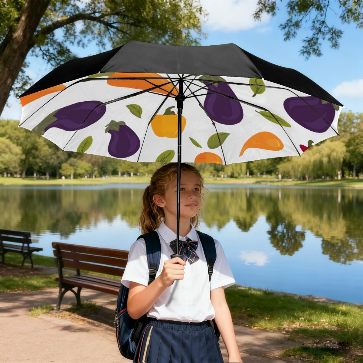 Vegetables Eggplant Carrots Peppers Folding Umbrella Windproof Compact Lightweight Travel Umbrella with 8 Reinforced Ribs, Portable UV Sun & Rain Protection for Men & Women