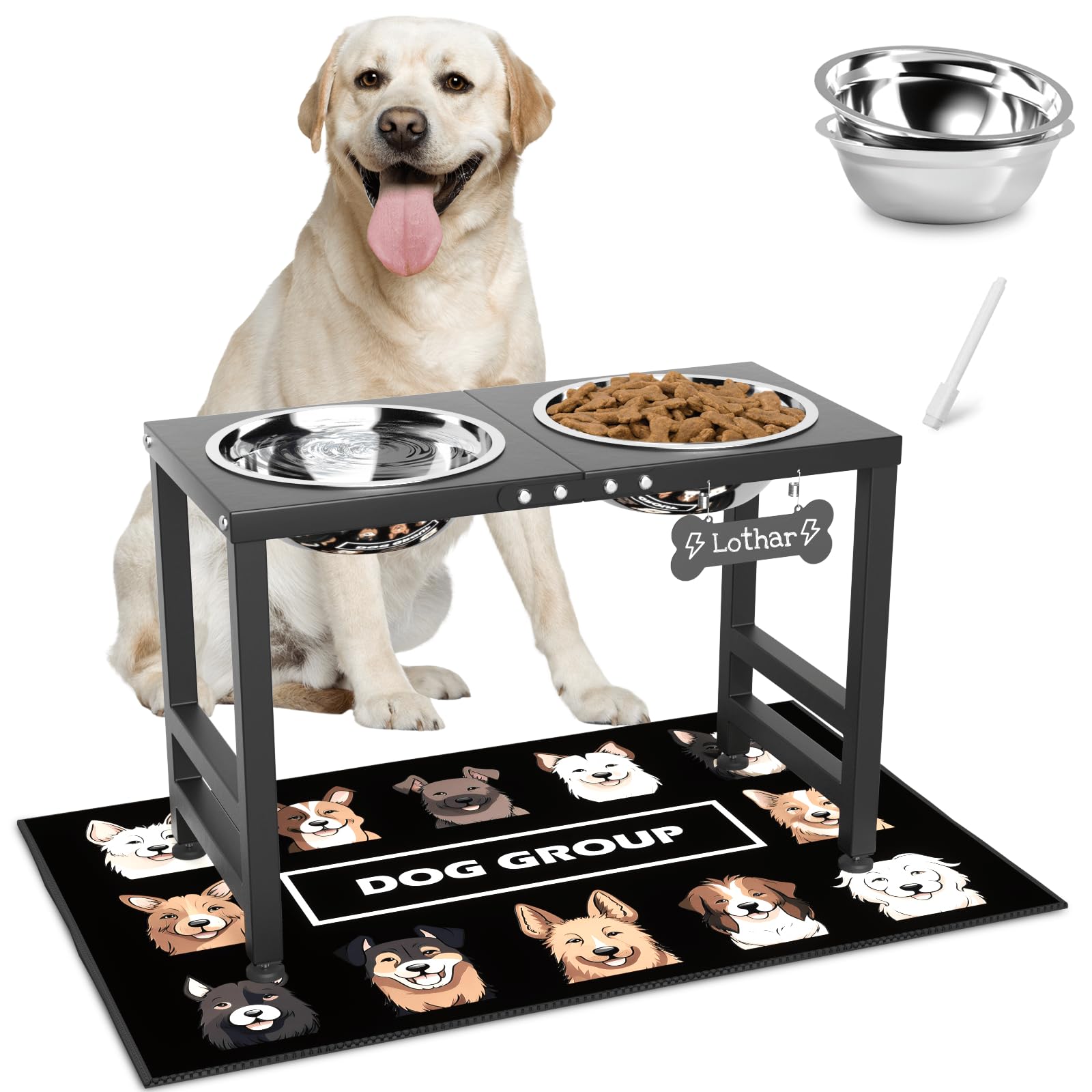 ADENGL Elevated Dog Bowls,16inch Tall Pet Bowl Holder, Raised Bowl Stand with 2 Stainless Steel Bowls (70oz) and Spill-Proof Mat, Dog Feeder for Large Extra Large Breeds