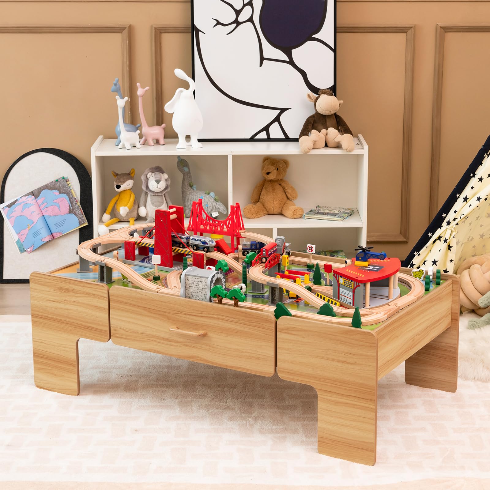 LIFEZEAL Tavolo da gioco con ferrovia in legno, set da 100 pezzi, in legno con cassetto, tavolo multifunzione per bambini 3 anni per giocare, fai da te, costruire (122 x 62,5 x 40 cm)