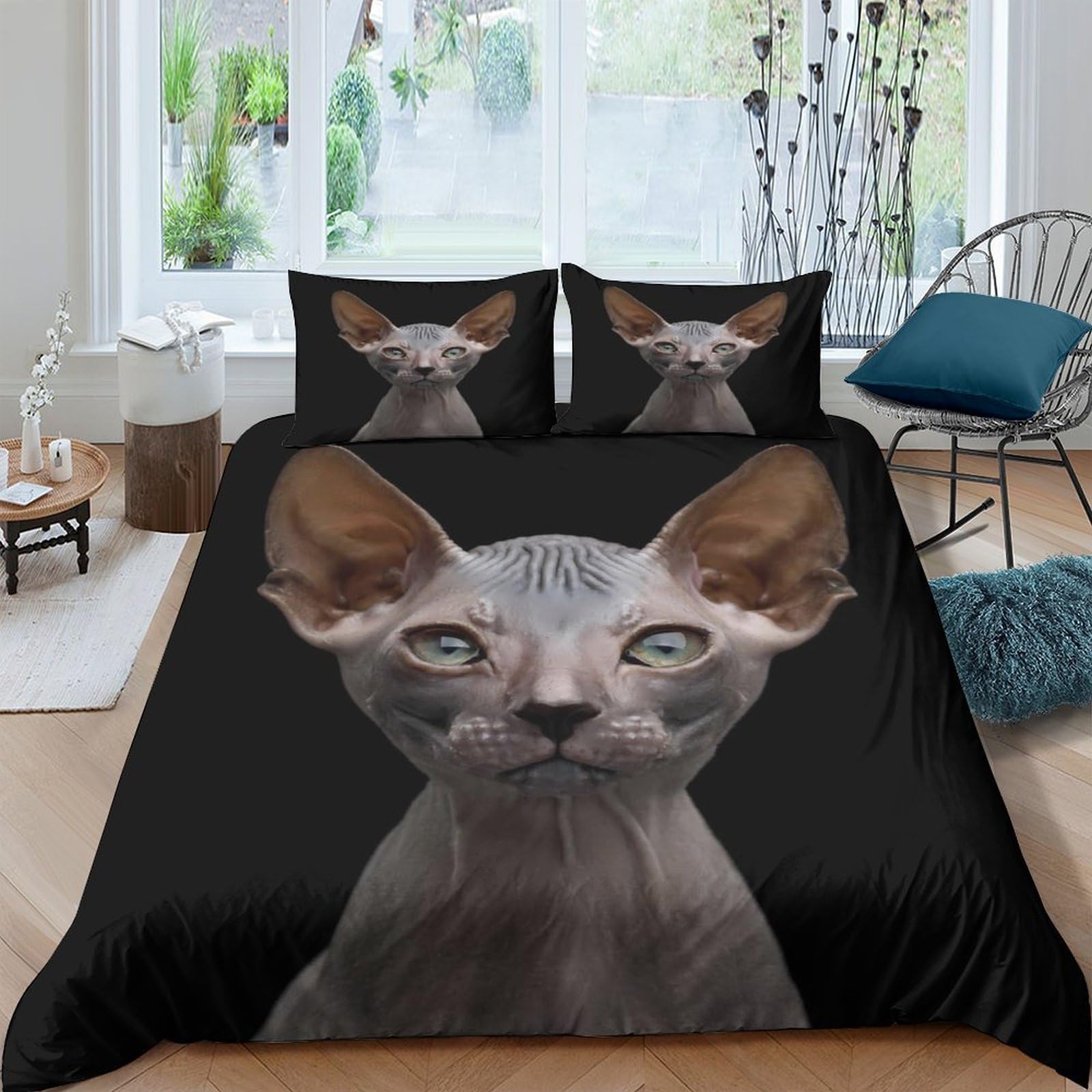 Ctjqhvkz Style-2 3D Printed Sphynx Cat Fitted Sheet Microfiber Soft Black Animal Bed Cover For Bedroom Guest Room Decor Protection Single（135X200cm）