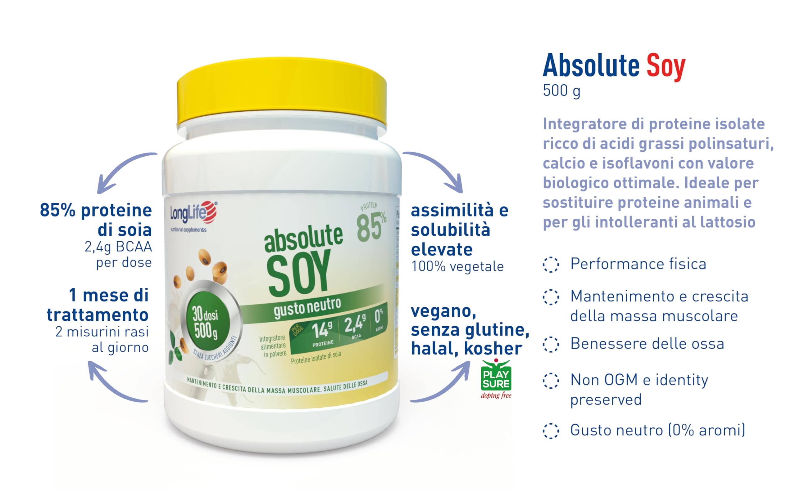LongLife® Absolute Soy | Proteine isolate di soia 85% | Crescita e mantenimento della massa muscolare | Benessere delle ossa | In polvere | 30 dosi | Vegano e senza glutine
