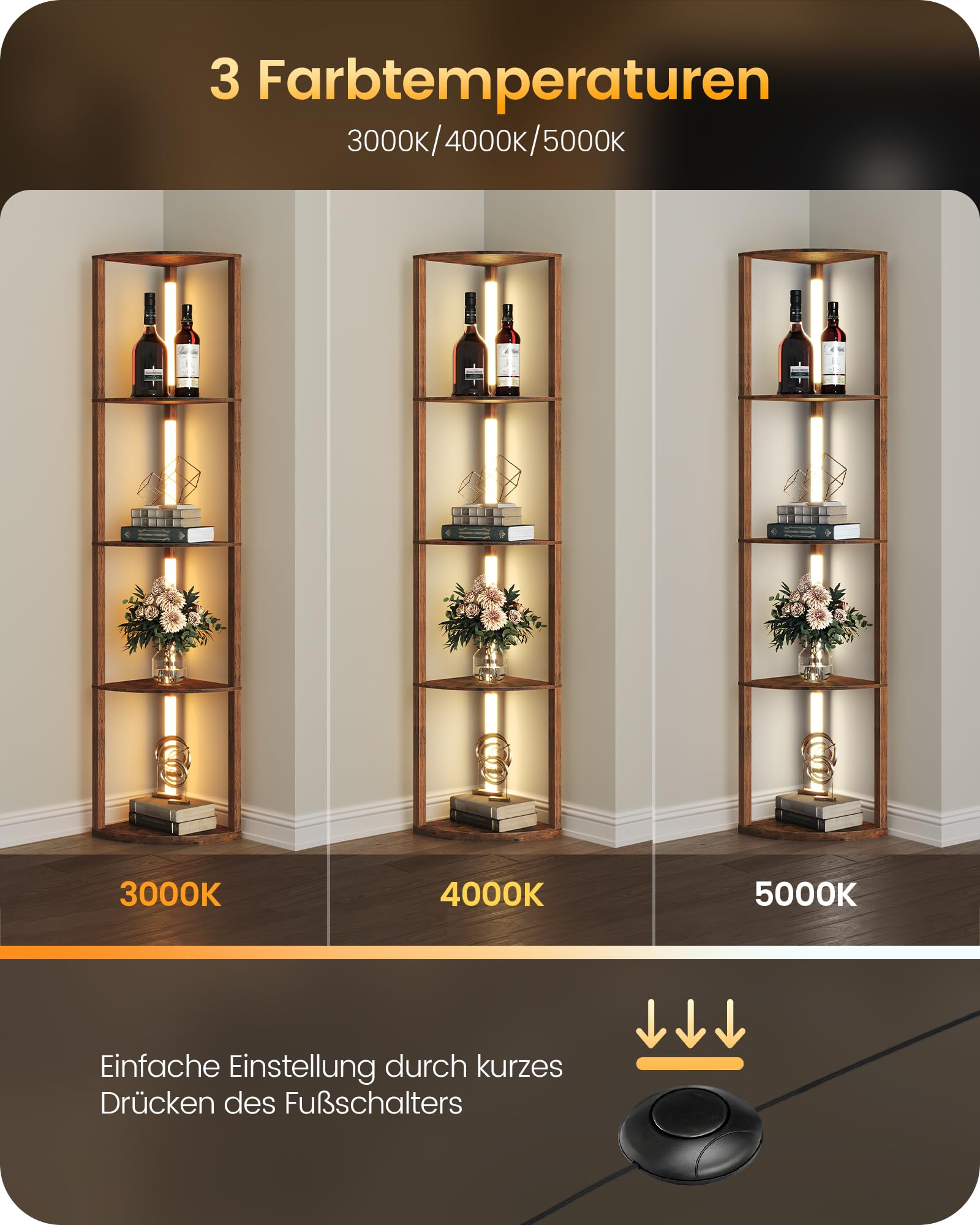 Stehlampe Wohnzimmer mit Regal, Dimmbare Stehleuchte aus Holz, Regalstehleuchte 20W-LED, Retro, 360°drehbarer Lampenständer, für Schlafzimmer, Arbeitszimmer, Büro ZF54LDD05N1