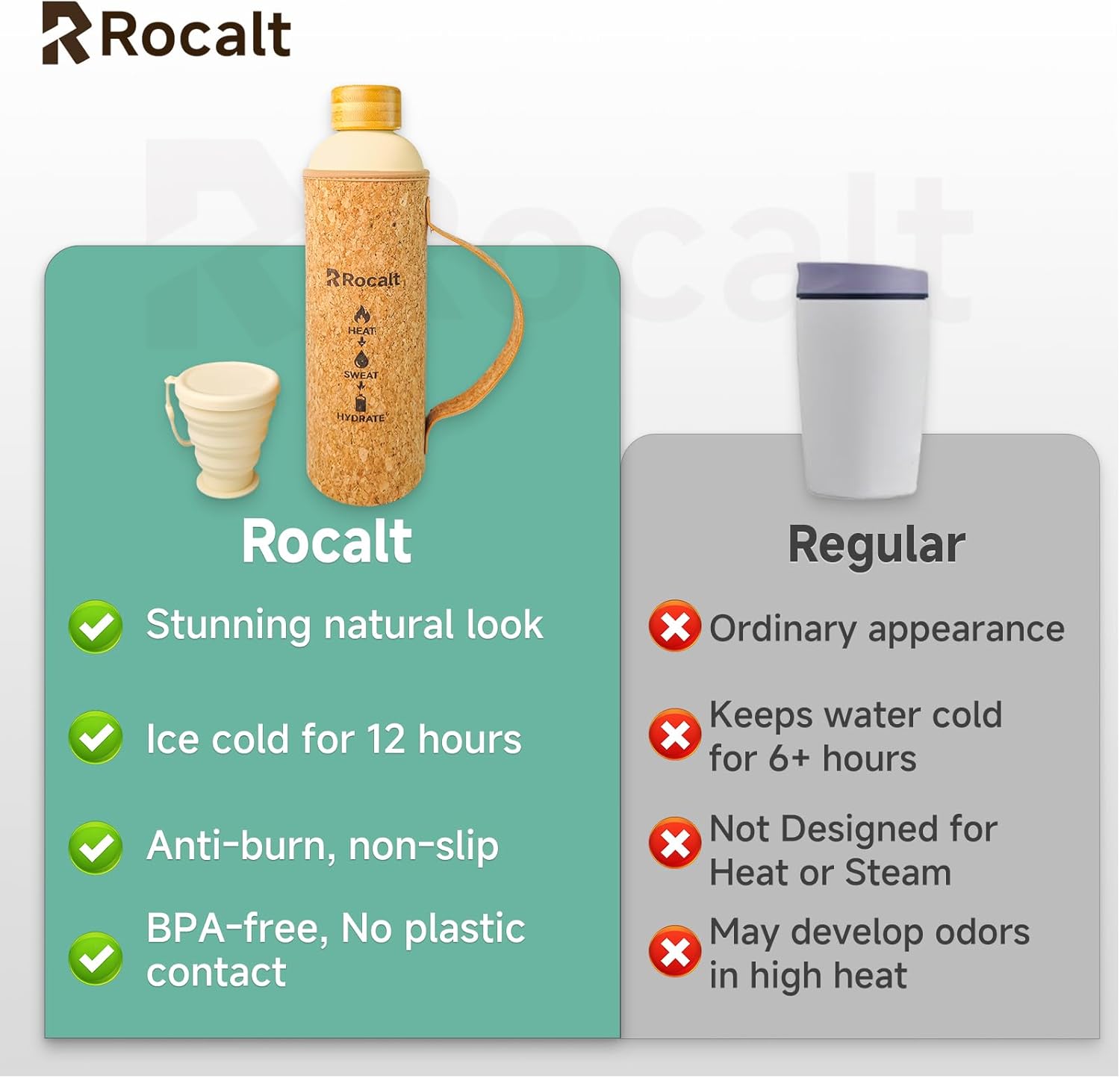 Rocalt Sauna Water Bottle with Folding Silicone Cup, 1 L / 34 oz Icy Cold Sauna Bottle, Double-Walled Stainless Steel with Cork x Neoprene Outer Layer and Bamboo Lid, Insulated & BPA-Free