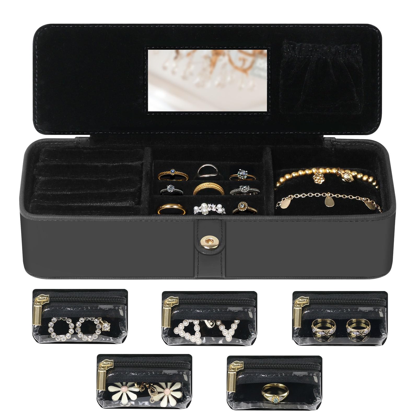 Caja organizadora de joyas de viaje con espejo, estuche de joyería de cuero de regalo para mujeres y niñas, 5 bolsas de terciopelo
