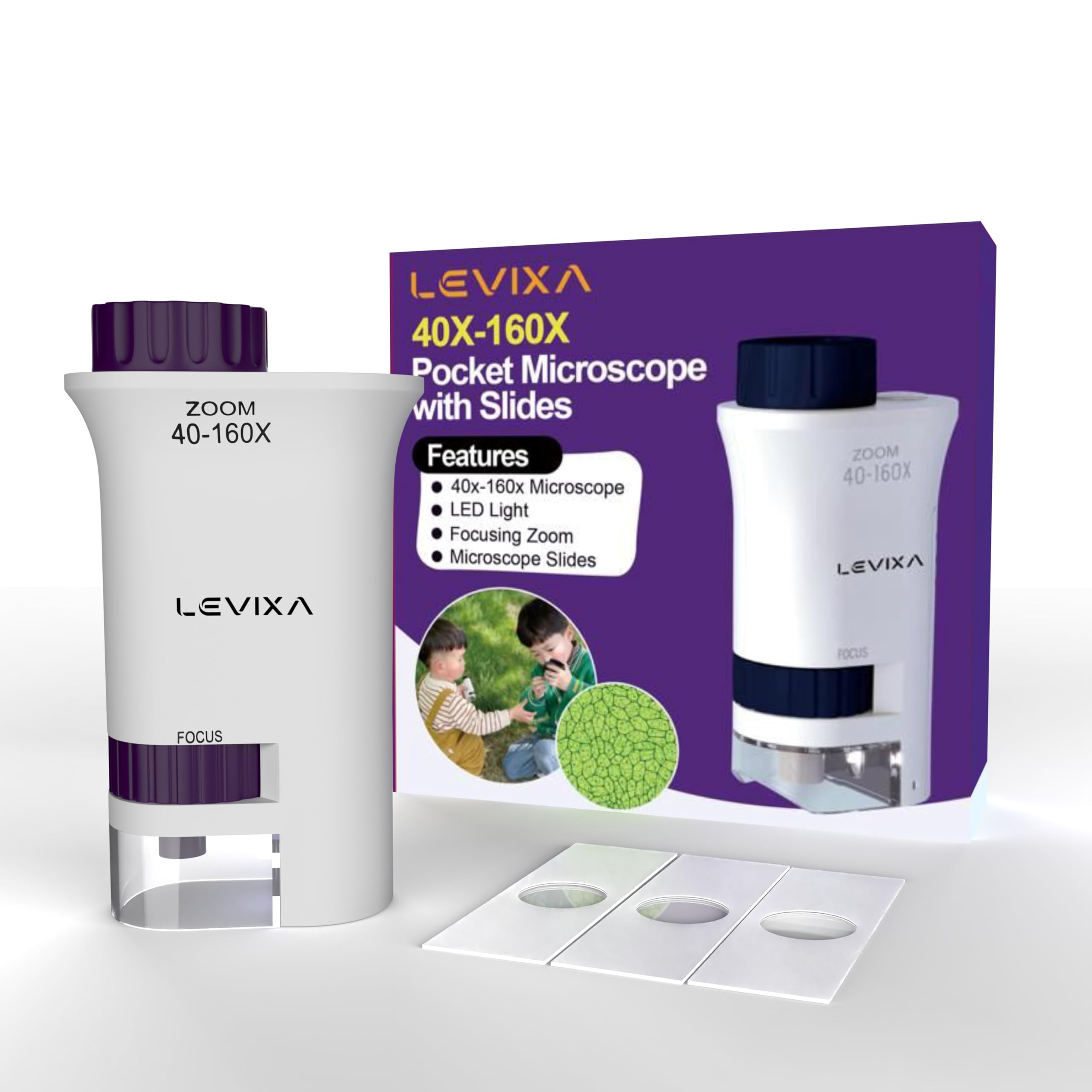 Levixa Pocket Microscope – 40x-160x Mini LED Handheld Lab Microscope with 3 Prepared Slides – Portable Tool for Learning, Education and Science Exploration