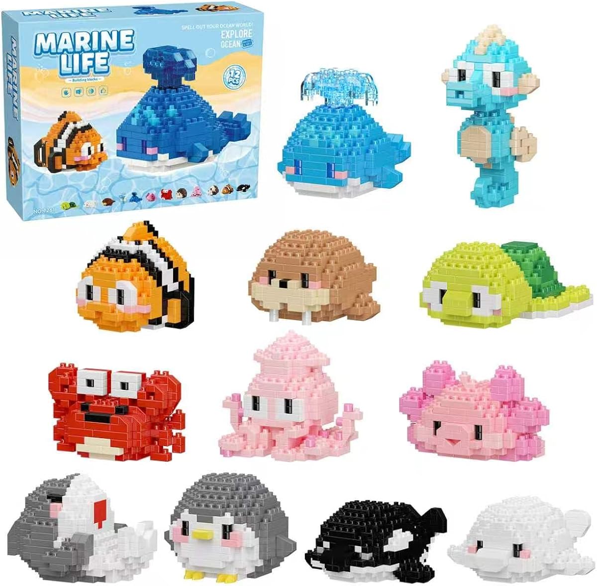 Favores de fiesta de animales, 12 mini conjuntos de microbloques de construcción, animales marinos