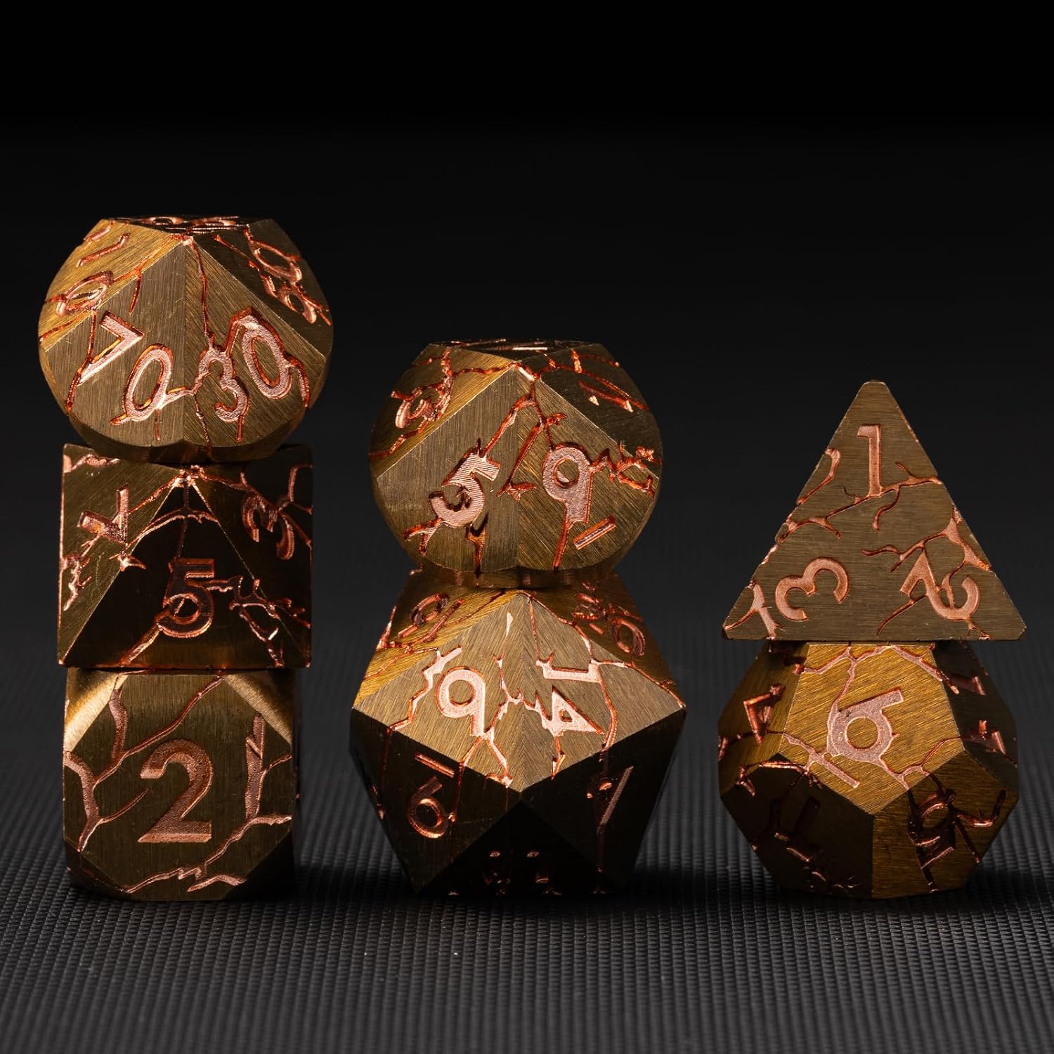 DND Dice Set Metal,Polyhedral D&D Metallic D and D Dice with Cracks for Dungeons and Dragons RPG TTRPG 7-Die Set with Gift Case (Red-Copper)