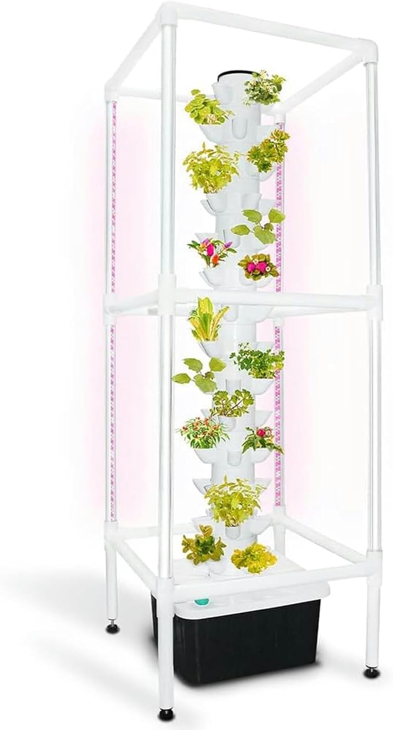 FLTRGO Garden Hydroponics Growing System 45 Pods Smart Garden Planter Vertical Hydroponics Tower with LED Timed Grow Light, Germination Aeroponics Growing Kit with Hydrating Pump,Adapter