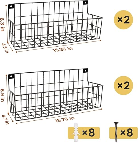 Miniatura 2 de Juego de 4 cestas colgantes de alambre de pared extragrandes, cestas de almacenamiento colgantes de pared, cesta de alambre colgante de metal para