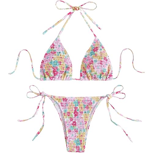 COZYEASE Women's 2 Piece Floral Bikini Sets Smocked Drawstring Side Triangle Halter Sexy Cute Swimsuits