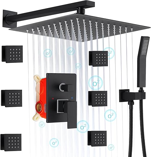 Sistema de ducha con 6 chorros de pulverización corporal de 12 pulgadas, cabezal de ducha de lluvia montado en la pared, puede funcionar todos