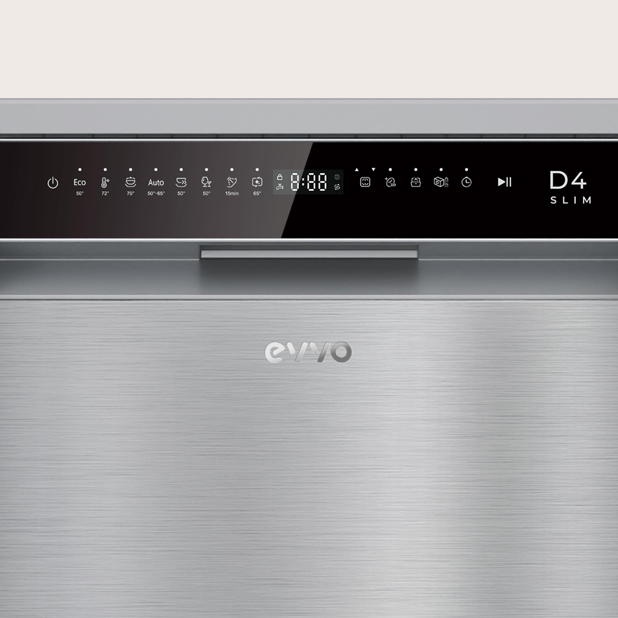 EVVO Lavavajillas D4 Slim 45 cm - Lavaplatos Libre Instalación, 11 Cubiertos, Eficiencia Clase C, 8 Programas con Modo Auto, Apertura Automática, Función Higiene y Media Carga. (Inox)