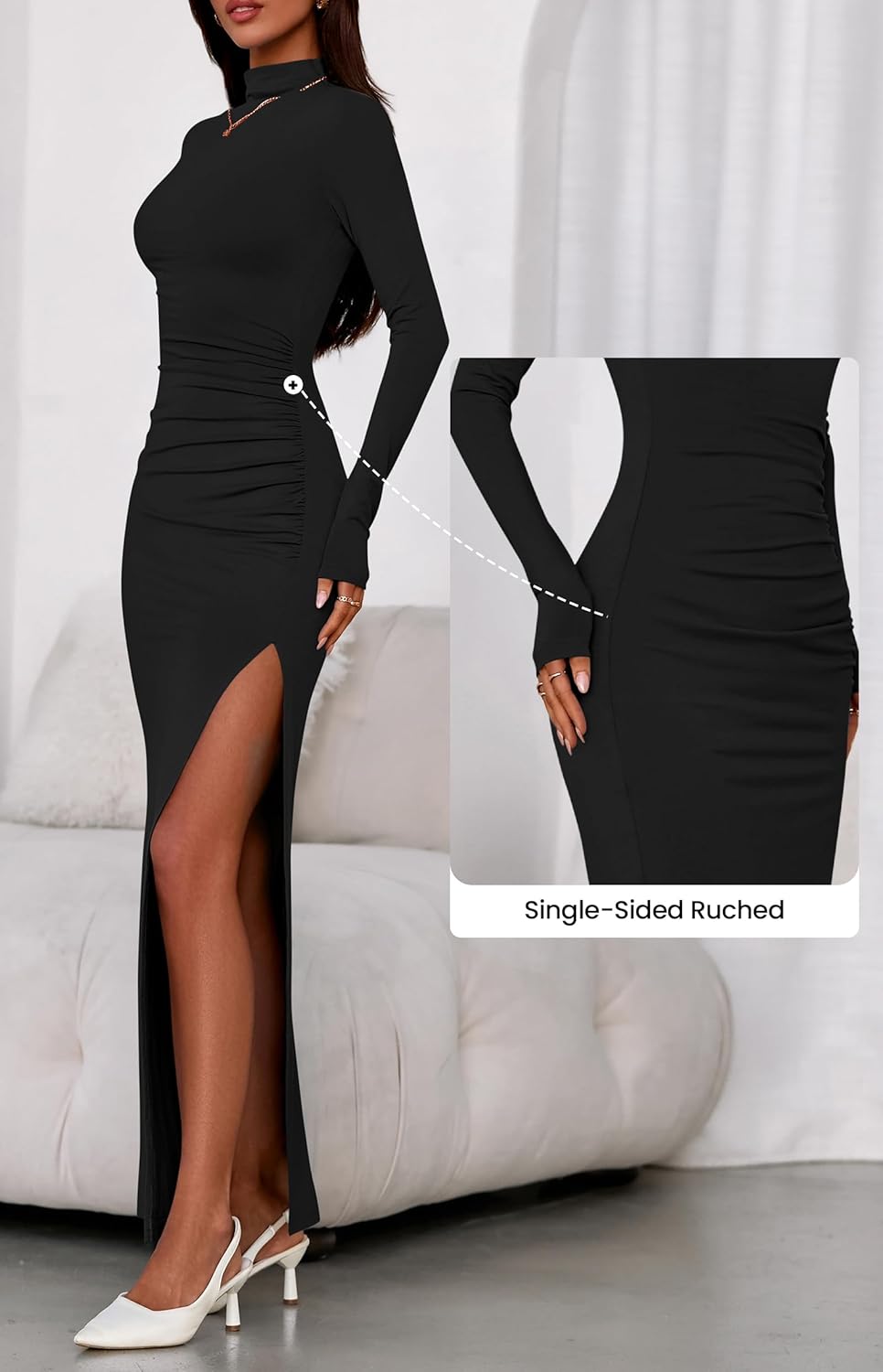 BTFBM Formal Dresses for Women 2026 Spring Long Sleeve Mock Neck Ruched Bodycon Slit Maxi Wedding Guest Dress Cocktail - Image 4