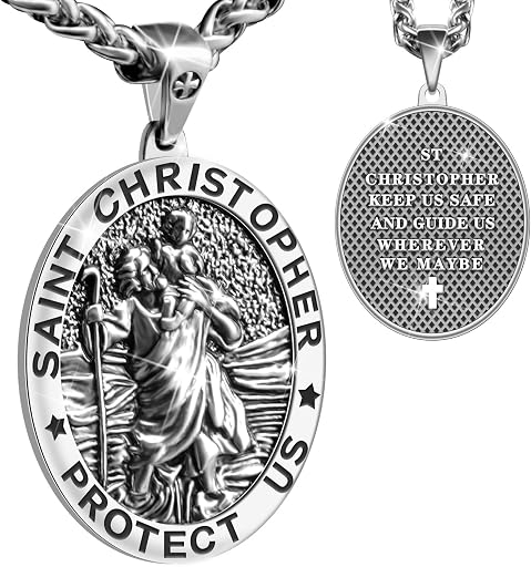 Anwlki Saint Christopher Necklace St Christopher Medal Bless Safety Religious Pendant Gift for Men, Women, Family, Parent, Friend
