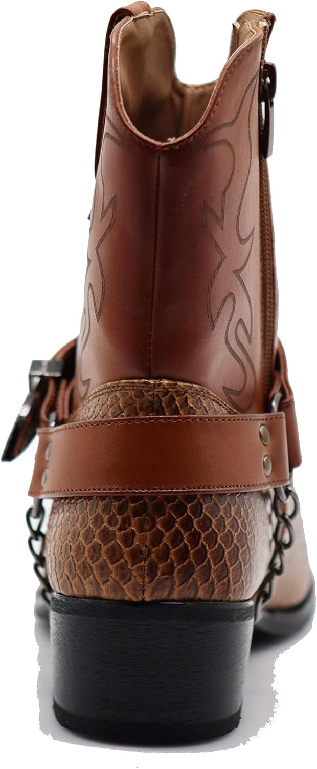 Men's Crocodile Prints Western Cowboy Boots with Side Zipper, Belt Buckle and Metal Chain - Image 8