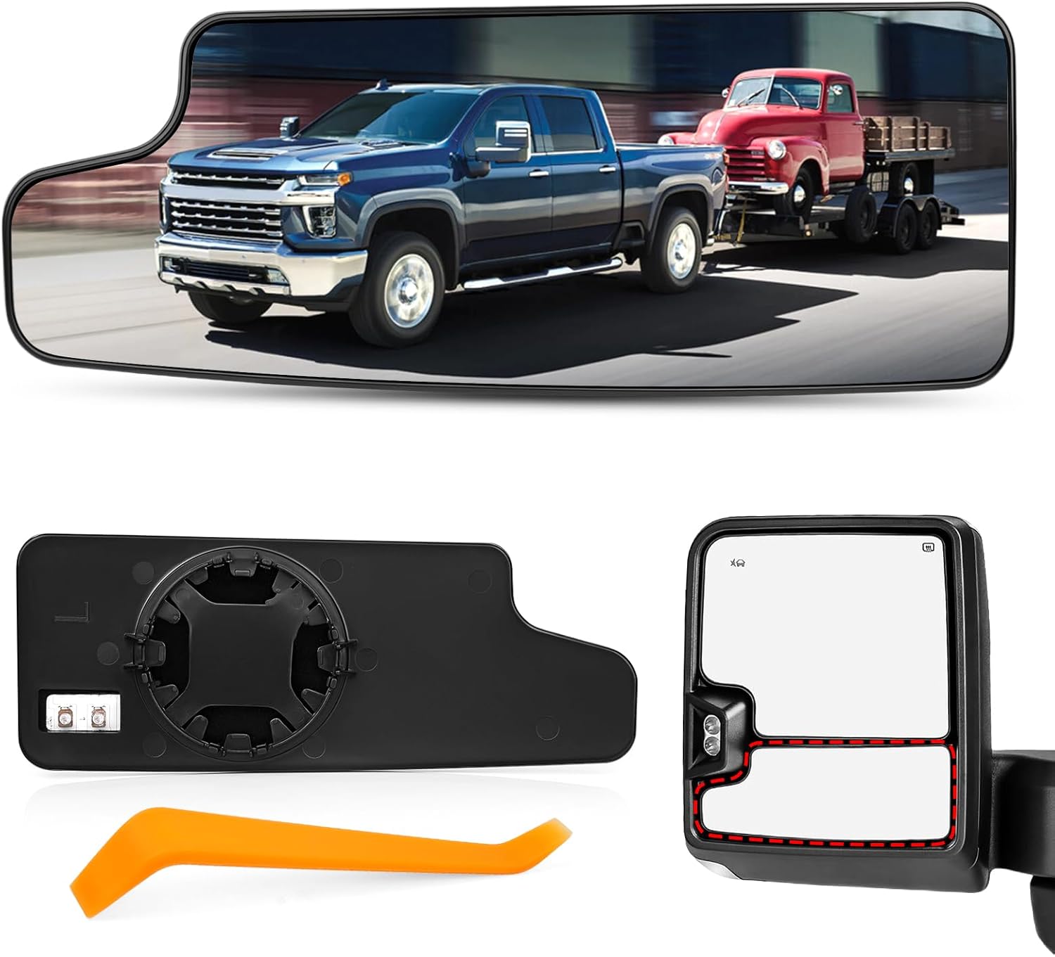 TOP-MAX Driver Left Side Towing Mirror Glass Replacement Fit for 2019 2020 2021 2022 2023 2024 2025 Chevy Silverado GMC Sierra 1500 2500 HD 3500 HD, Small Convex Lower Mirror Heated with Back Plate