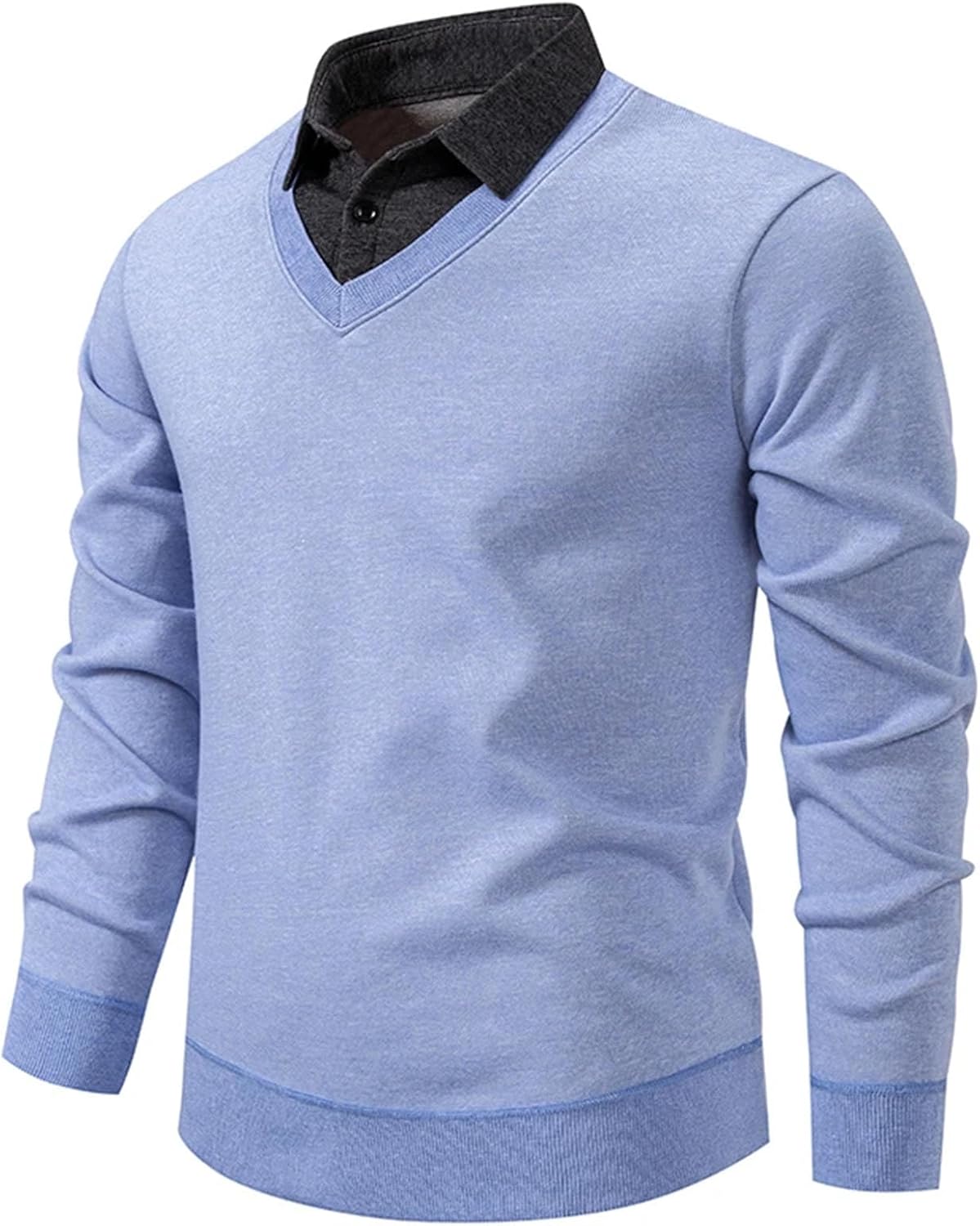Men's Winter Fake Two-Piece Knitted Pullovers Fashion Slim Fit Turn Down Collar Knit Sweater Fleece Warm Jackets