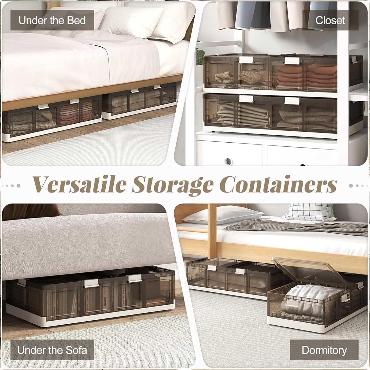 Under Bed Storage Containers with Wheels Plastic Foldable, Rolling Underbed Storage 66L Under Dorm Bed Storage for Clothes, Shoes, Toys, Books,transparent-1pack