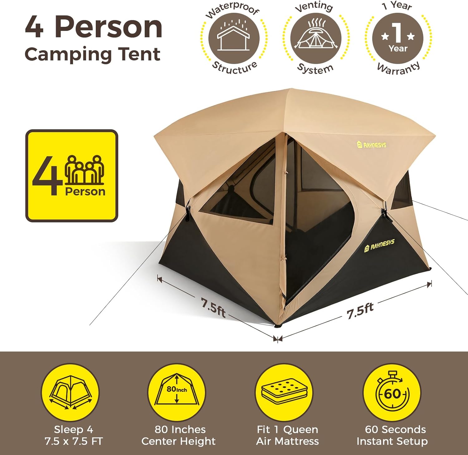Camping Tent, 4 Person Tent for Camping, Setup in 60 Seconds, 4 Person Pop up Tents, Hub Tents, Water-Resistant, Windproof, Instant Cabin Tents with Rainfly & Carry Bag for Outdoor Camping
