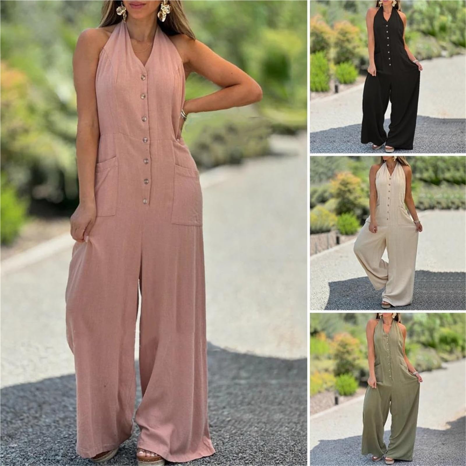 Tuta Intera in Lino da Donna Tuta di lino Abbigliamento da lavoro Pagliaccetto donna Elegante scollo a V lungo senza maniche Tute avvolgenti a vita alta Moda Streetwear