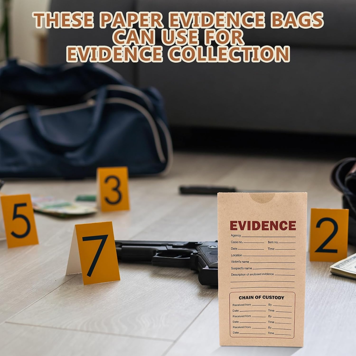 Affrolling 100 Pack Paper Evidence Bag for Party 9.5x 5x 3inches Kraft Paper Evidence Bag with Dot Self Adhesive Stickers Murder Mystery Police Detective Party Decorations