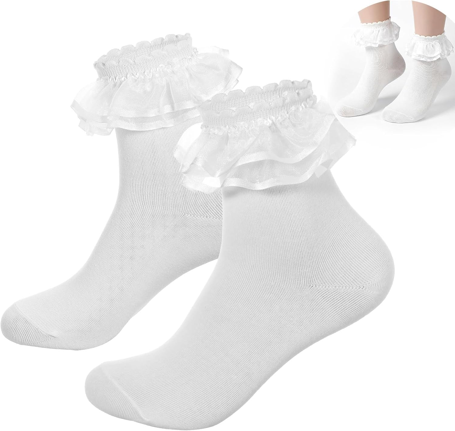 1 Pairs White Frilly Socks for Women, Ruffle Ankle Sock Turn-Cuff Lace Ankle Sock Comfortable Cotton Princess Socks
