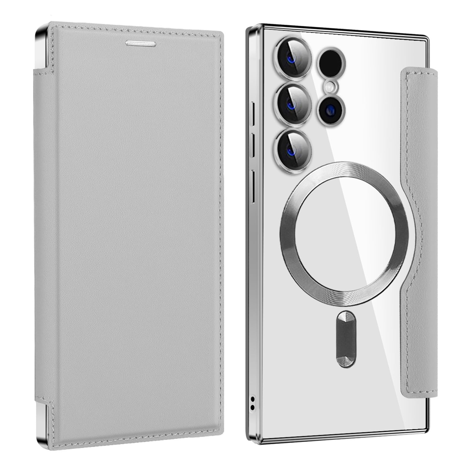 Etui z klapką do Samsung Galaxy S25 Ultra/S25 Plus/S25, skórzane etui blokujące RFID, z uchwytem na karty, bezprzewodowe ładowanie, magnetyczne etui, szare, S25 Ultra