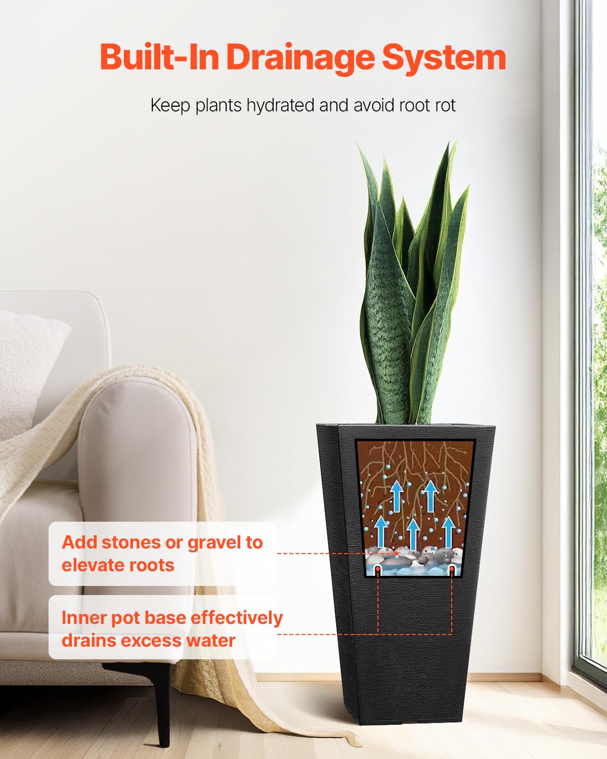 VEVOR Blumentopf, 2er Set, Großer Pflanzentopf 570 mm, Modernes Design, Integriertes effizientes Drainagesystem, Pflanzenkübel, Blumenkübel, Topf für Veranda, Patio, Außen, Innen, Schwarz