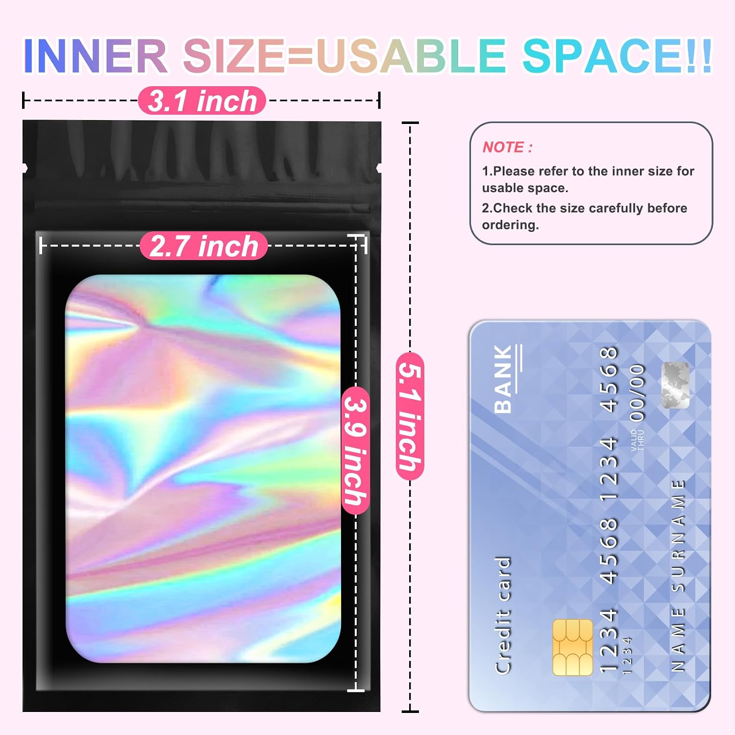 ANZNKU 100PCS Holographic Mylar Bags, Resealable Smell Proof 3.1x5.1 image 2